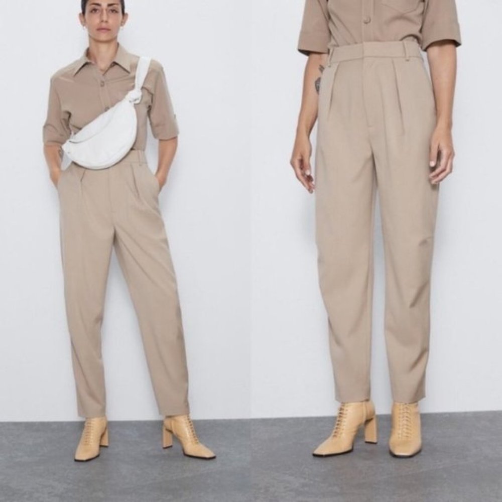 Zara Taupe Tan High Waisted Pleated Pants XL